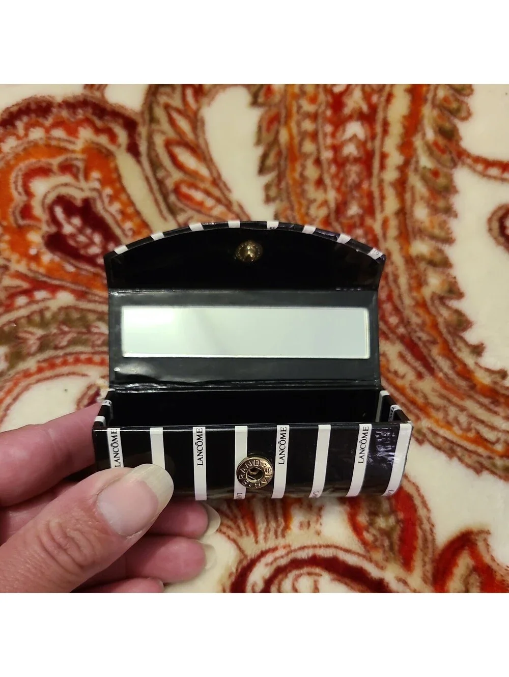 Vintage Lancôme Lipstick Case W/ Mirror,Black & White Branded Travel Holder
